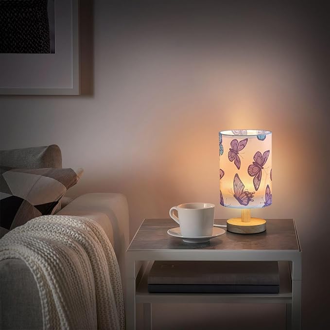 Purple Butterfly LED Table Lamp, Bedside Lamp with Linen Lampshade, Flicker-Free Eye Care USB Plug in Nightstand Lamp, for Bedroom and Office