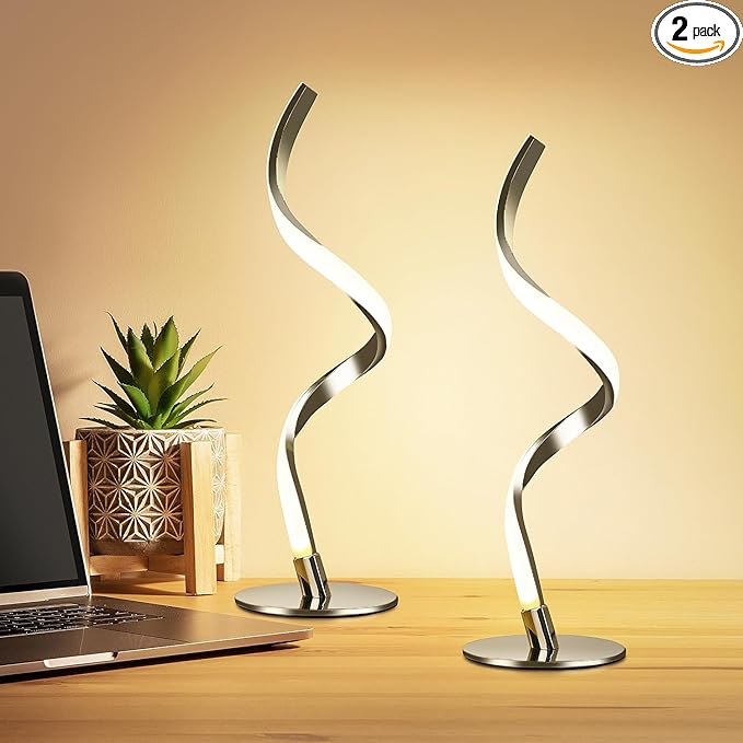 Yarra-Decor Modern Spiral Bedside Lamp - 3 Colors Touch Control LED Table Lamp, Stepless Dimmable Nightstand Lamps for Bedroom Living Room & Office(3000K 4000K 5000K) (Silver 2 Pack)