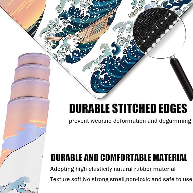 Japanese Large Mouse Pad,Desk Mat Office Desk Pad, Extended Large Mouse Mat for PC, Stitched Edges Gamer Mousepad 35.4 X 15.7 Inch Long Mice Pad, Sunset Sea
