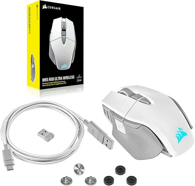 Corsair M65 RGB Ultra Wireless Tunable FPS Wireless Gaming Mouse - Sub-1ms Slipstream Wireless Technology, 26,000 DPI Optical Sensor, Up to 120 Hours of Battery Life, 8 Programmable Buttons - White