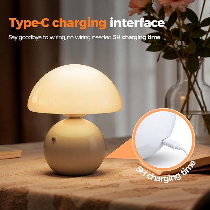 NIORSUN Wireless Mushroom Lamp Set of 2,Table Lamp for Bedroom, Portables Cordless Lamps,Wireless Light,Bedside Table Lamp for Living Room,Mini Mushroom 5200mAh Battery Operated Lamps Modern (White)