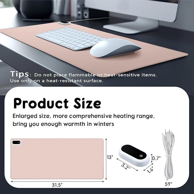 Konohan Heated Desk Pad Warm Mouse Pad, 5 Heating Level & 4 Hour Auto Shut-Off, PU Leather Warm Mouse Mat Heating Keyboard Gaming Mice Warmer Mat Only Supports 110v(Khaki Color,31.5" X 13")