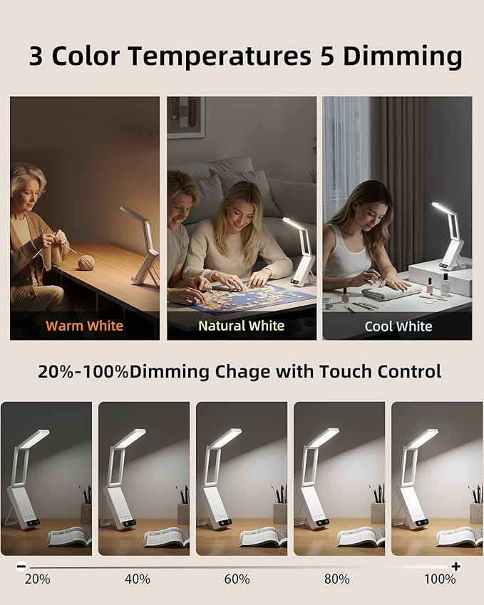 EZVALO Rechargeable Desk Lamp, 6000mAh Battery Wireless Light, Cordless Table Lamp for Book Reading, Foldable Mini Lamps & Portable, 3 Color Dimmable Small Light for Bed, Nail Light, Craft, White