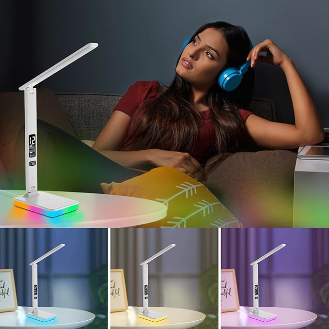 LED Desk Lamp for Home Office, USB Charging Port, Reading Lamp Desk Light with 5 Brightness, 3 Colors, Table Lamp with Clock, Alarm, Date, Temperature, Desk Lamp for College Dorm Room (White)