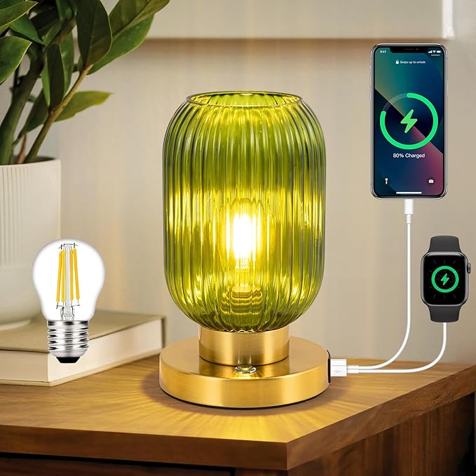 Glass Table Lamp for Living Room, Vintage Bedside Lamp for Bedroom, 3-Way Dimmable Touch Control Nightstand Lamp with USB C+A, Mid Century Modern Green Table Lamp (2700K LED Bulb Included)