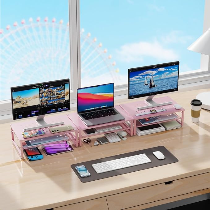 Gianotter 2-Tier Metal Monitor Stand Riser, Workspace Organizer with Desk Accessories, Office Storage for Supplies (Pink)