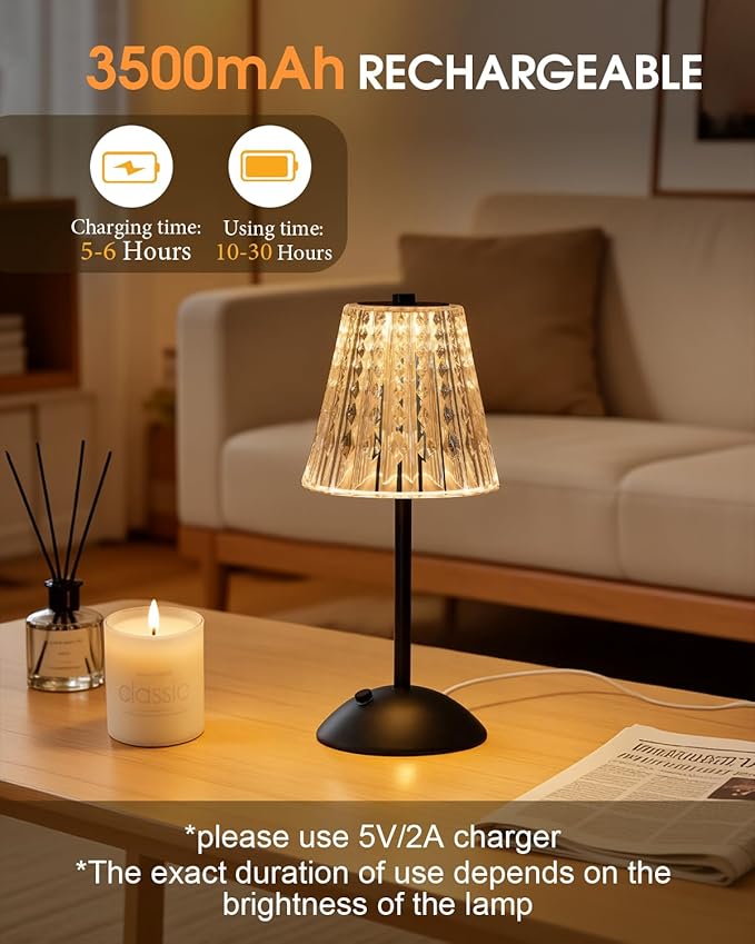 Rechargeable Cordless Table Lamp, Touch Control Crystal Desk Lamp with 3500mAh Battery, 3 Color Dimmable LED Small Lamp for Bedroom Bedside Restaurant Kitchen Home Decor, Black