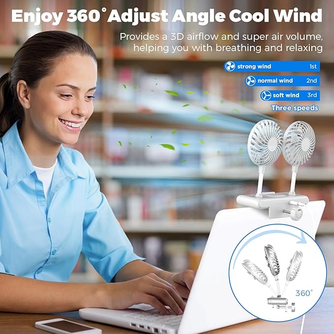 Reading Stand Lamp Space-Saving Clip Fan Light, USB-Powered Cooling 3D Fan with LED Light Bar, Personal Climate Management for Monitor/Laptop/Flat/Bedside/Bookshelf/Music Stand (Glacier Silver)
