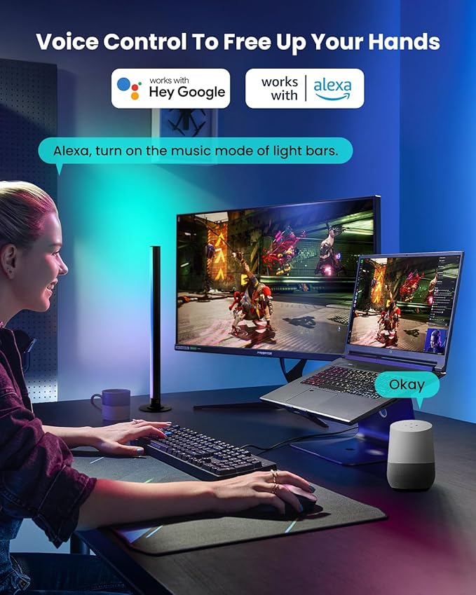 Smart RGB+IC LED Light Bars, 15 Inch Portable TV Backlight, Gaming Ambient Lighting, Color Changing Mood Light, APP Control, Voice Control, 44 Scene Mode, 16 Million Color, Music Sync, For TV, Monitor
