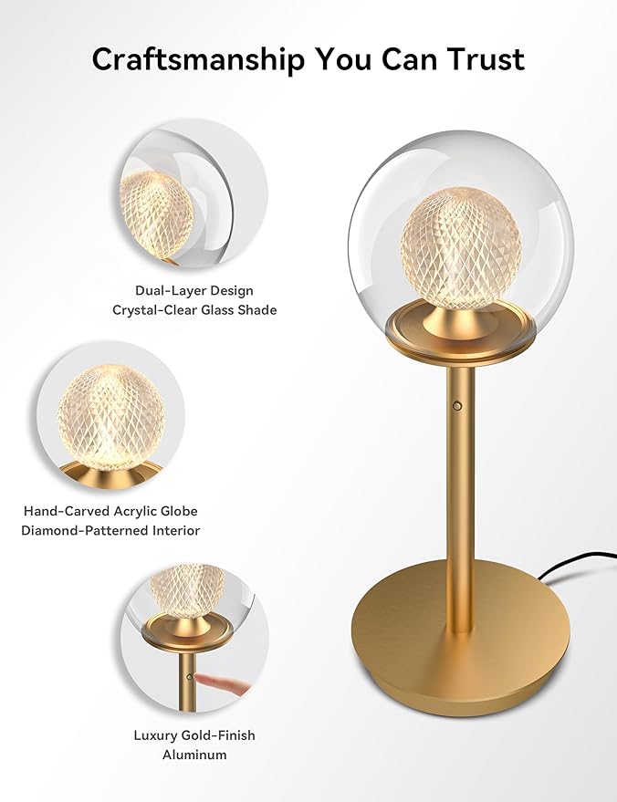 Tubicen Gold Bedside Table Lamp Plug in Dual-Globe Glass Shade Art Decor Table Lamp Memory Function Modern LED 4-Stage Touch Dimmable Desk Table Lamps for NightStands Bedroom Home Office 14.5 Inch