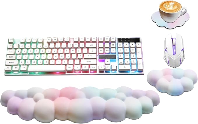 Cloud Wrist Rest Keyboard, PU Leather Memory Foam Wrist Support for Computer Keyboard, Ergonomic Keyboard Pad and Cute Mouse Wrist Pad for Gaming, Office, Computer, Easy Typing, Rainbow