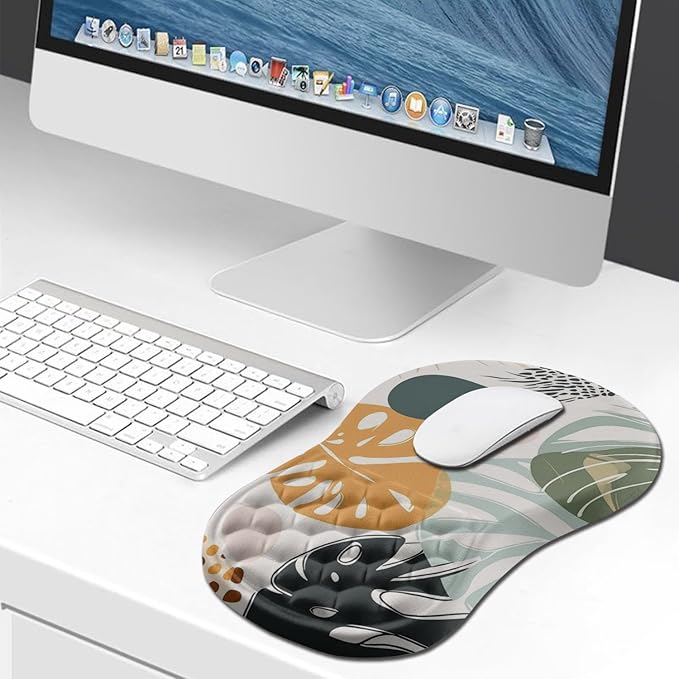 Hokafenle Ergonomic Mouse Pad Wrist Support, Wrist Rest Mousepad for Carpal Tunnel with Integrated Memory Foam Slope Massage Bulge (11.8x7.9 inch,Abstract Leaves)