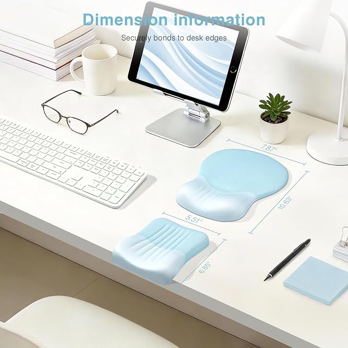 Ospelelf Mouse Pad with Wrist Rest Set Foam L-Shaped Desk Elbow Pad Ergonomic Desk Edge Cushion Anti-Slip Rubber Bottom Office Women Desk Accessories for Computer, Laptop and Gaming, Blue