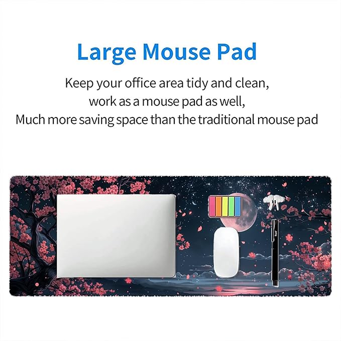 Cherry Blossom Floral Desk Pad Mouse Pad Kawaii Pink Black Moon Floral Gaming Mouse Mat with Stitched Edges,Non-Slip Waterproof Rubber Base Mous Mat Office Computer Keyboard Laptop Home 31.5"x11.8"