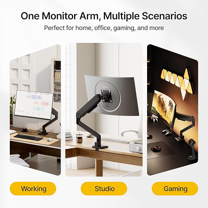 monTEK Single Monitor Arm with USB for Max 45 Inch Ultrawide Screens Adjustable Monitor Desk Mount Holds 35 Lbs Cable Management with C Clamp/Grommet Desk Mount, VESA 75/100mm