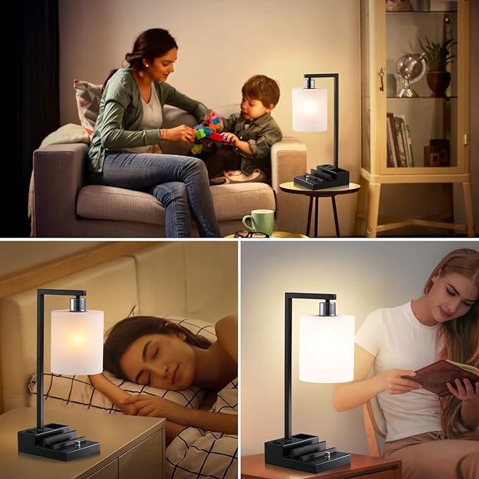 Bedroom Lamps for Nightstand, 3 Color Temperature Nightstand Lamp Bedside Lamps with Dual USB Ports and Outlet, Modern Table Lamp Built-in Pen Holder & Phone Stands, Energy Saving LED Bulb Included