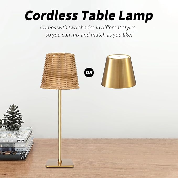 Mr. White Outdoor Waterproof Cordless Wireless Rechargeable Portable Top Touch Battery Operated Powered LED Table Lamp Desk Lamp Lights for Restaurant Kitchen Patio Dinner Dining (Gold)