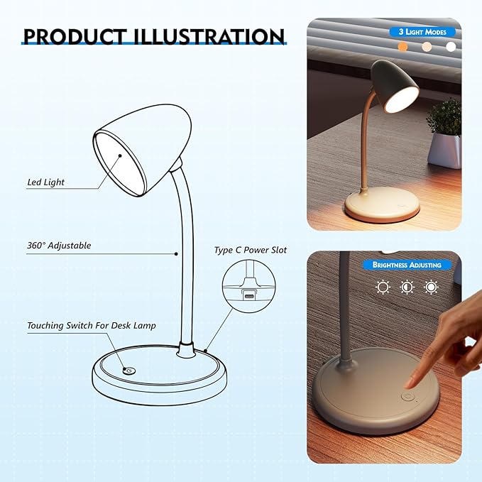 LED Desk Lamp for Home Office,3 Light Colors,Table Lamp,Dimmable Reading Light for Bedside Small Desk Lamp for College Dorm Room,Bedroom Desk Light,Brown