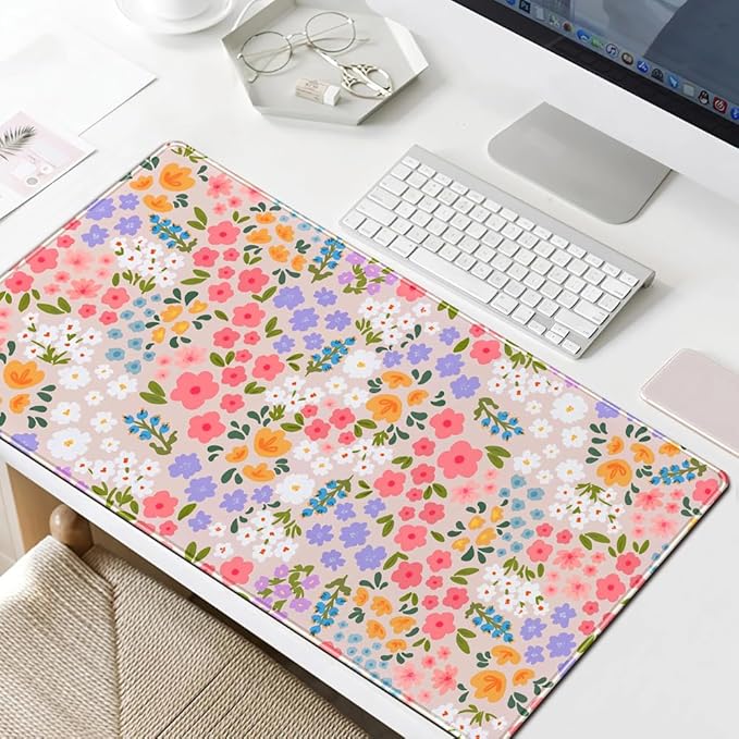 Floral Desk Mat Large Keyboard Pad, Pink Mouse Pad Women Girls Flowers Large Mouse Pad for Desk Pad Computer Floral Pad Desktop Mat for School Office Home 31.5" X 15.7"