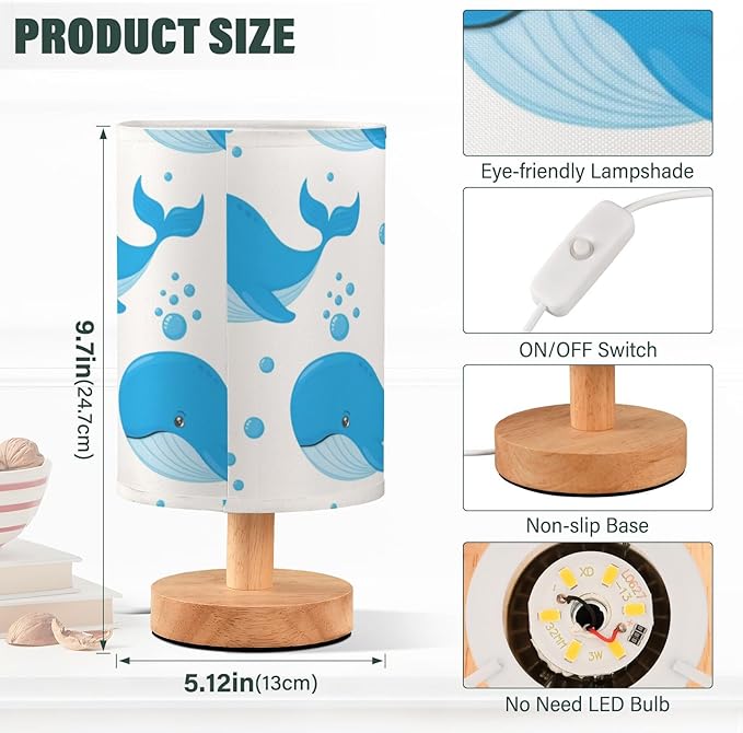 Blue Whale LED Table Lamp, Bedside Lamp with Linen Lampshade, Flicker-Free Eye Care USB Plug in Nightstand Lamp, for Bedroom and Office