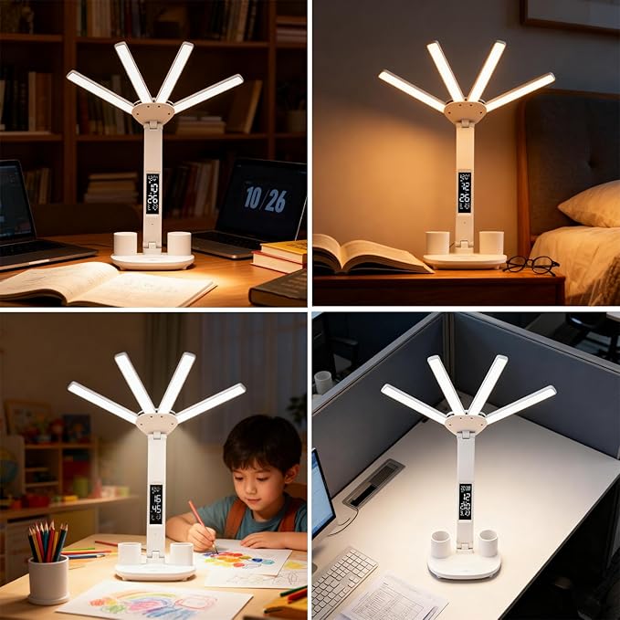 Led Desk Lamp with Clock Foldable Study Lamp 3 Lighting Modes Table Lamp Dimmable Eye Caring Reading Lamp for Home Office College Dorm Bedroom Bedside