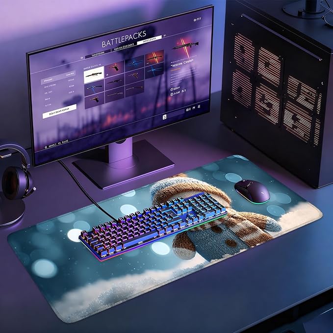 Desk Mat, XXL Extended Gaming Pad for Desktop, 31x12 Inches Scarf and Hat Snowman, Large Non-Slip Vegan Leather Surface with Stitched Edges, Keyboard Mouse Mat for Home Office