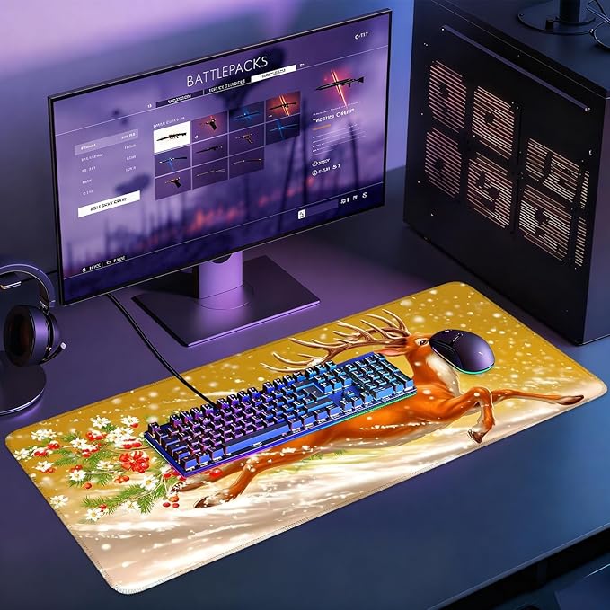 Desk Mat, XXL Extended Gaming Pad for Desktop, 35x16 Inches Reindeer Running in Snow, Large Non-Slip Vegan Leather Surface with Stitched Edges, Keyboard Mouse Mat for Home Office