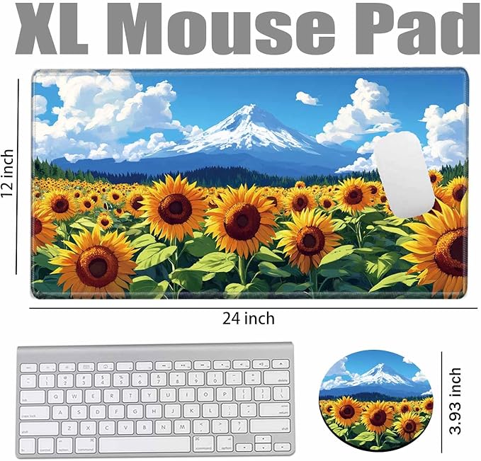 Gaming Mouse Pad Large Mousepad Sunflower Desk Mat 24x12 Desk Pad XL Computer Mat with Stitched Edge Rubber Base for Work Women Home Office