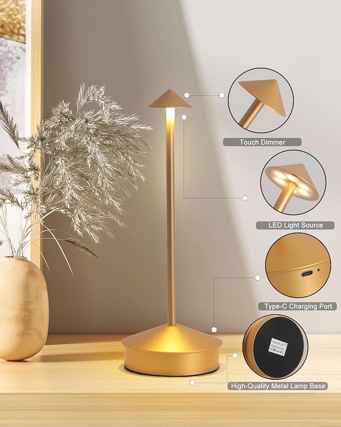 2 Pack Aluminum Cordless Table Lamp, 6000mAh Rechargeable Table Lamps, Portable Touch LED Lamp, Outdoor Waterproof Dimmable Cordless Rechargeable Table Lamps for Restaurant/Patio- Black (Gold)