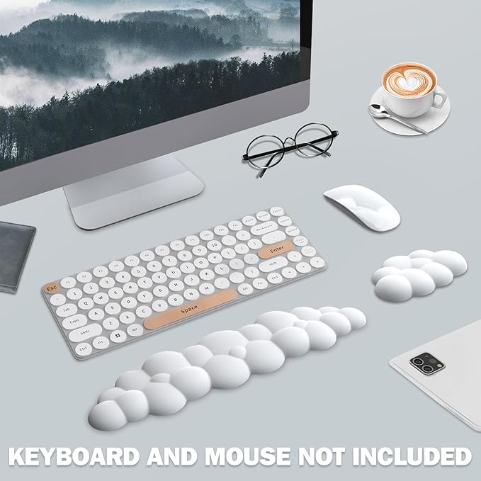 Cloud Keyboard Wrist Rest Pad Set,Enlarge PU Leather Memory Foam Wrist Cushion Support,Easy Typing,Mouse Wrist Rest Pad,Non-Slip Wrist Support for Home, Office,White