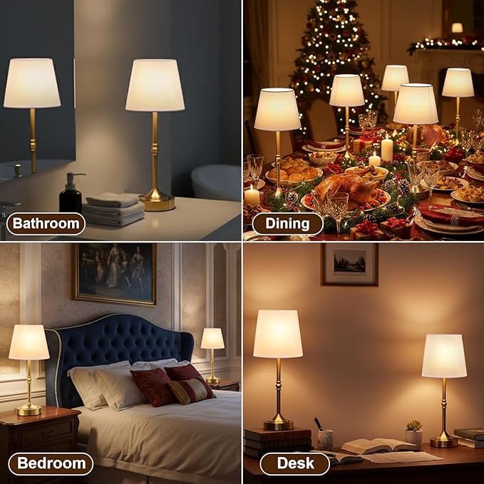 Rechargeable Cordless Table Lamp, 5000mAh Battery Operated Lamp, Wireless 3-Level Dimmable Touch Lamp, Portable Night Bedside Brass Lamp, Desk Light for Home Decor, Patio, Restaurant, Dinning