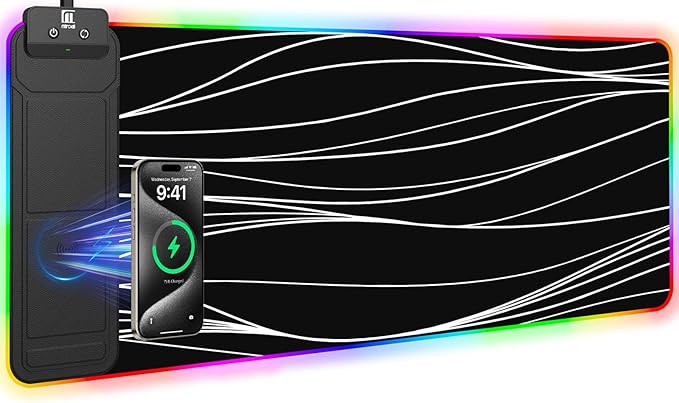 Mouse Pad with Foldable Phone Holder & Wireless Charger, XL RGB Gaming Mousepad 31.5"x11.8" Large Desk Mat for Keyboard, Home Desk Pad with Dual Qi Charging Station | 11 Colors & 5 Modes | Waterproof