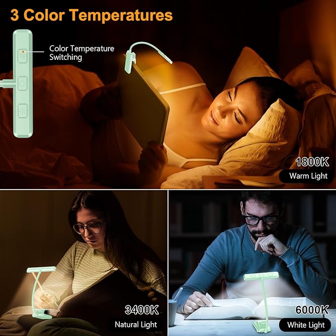 Gritin 19 LED Rechargeable Book Light for Reading in Bed with Memory Function- Eye Caring 3 Color Temperatures,Stepless Dimming Brightness,90 Hrs Runtime Clip on Light for Book Lovers-Cyan