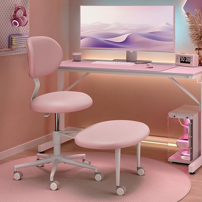 Ergonomic Cross Legged Office Chair with Wheels, ADHD Chair for Adults, Meditation Chair, Yoga Office Chair, Comfortable Back Support, Height Adjustable,Small Spaces, PU Leather, Pink