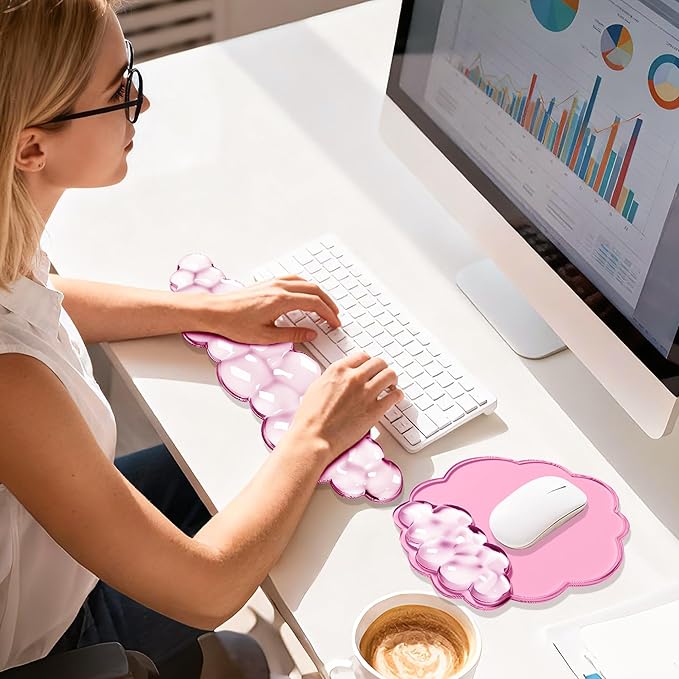 Keyboard Wrist Rest Set — Ergonomic Cloud Wrist Rest Keyboard and Mouse Pad, Non-Slip Desk Accessories for Office and Home（Pink）