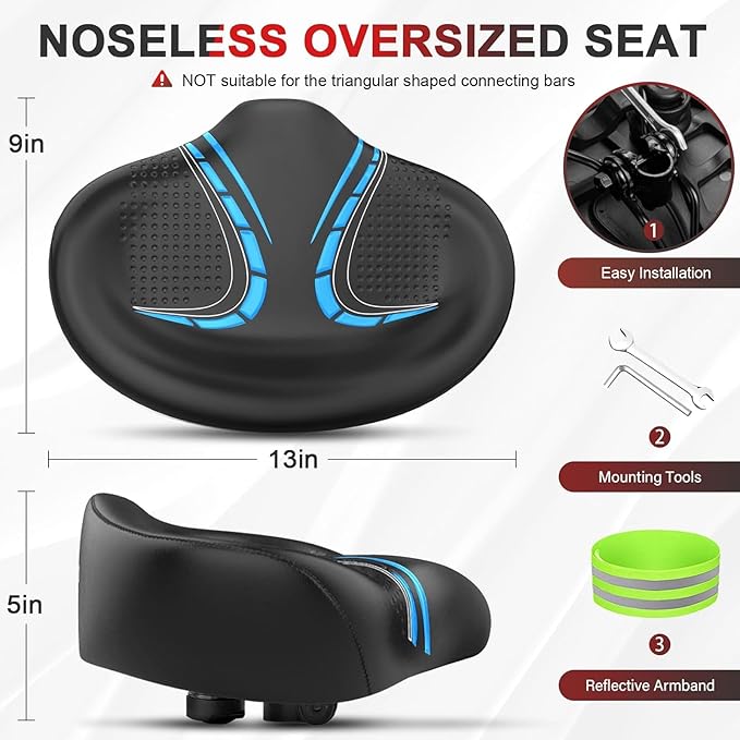 BLUEWIND New Noseless Oversized Bike Seat, Wide Bicycle Saddle Novel Backrest Design for Electric Bike, Universal Fit Exercise Bike or Road Stationary Bike Seat Cushion for Men & Women