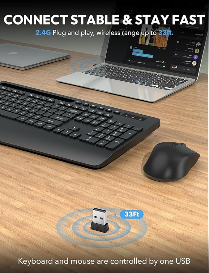 SABLUTE Wireless Keyboard and Mouse, Wrist Rest, Phone Holder, 2.4G Lag-Free Ergonomic Keyboards Mouse Combo, KM23D Silent Keyboard Cordless Set for Computer, Laptop, Windows (2 Pack)