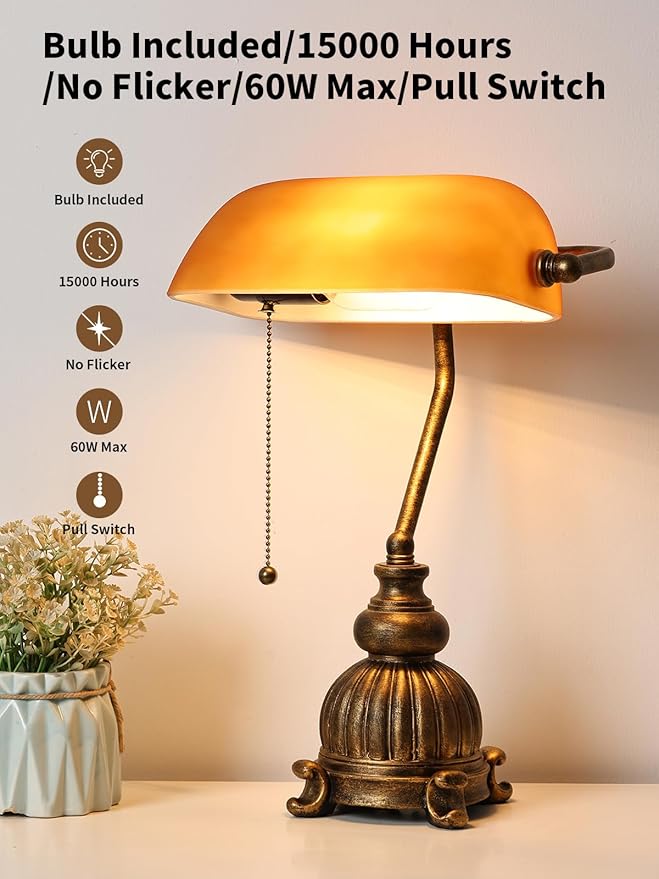 Newrays Retro Amber Glass Bankers Desk Lamp with Pull Chain Switch for Home Office, Library, Plug in Fixture, LED Bulb Included