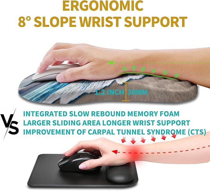Hokafenle Ergonomic Mouse Pad Wrist Support, Wrist Rest Mousepad for Carpal Tunnel with Integrated Memory Foam Slope Massage Bulge (11.8x7.9 inch,Beach Sunset)