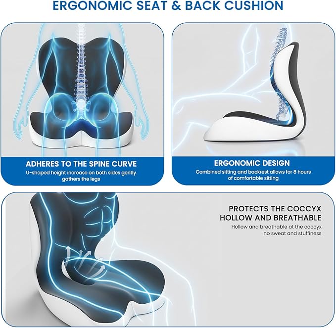 Seat Cushion, Memory Foam Car Seat Cushion with L-Shaped Ergonomic Design, Tailbone & Sciatica Support Cushion for Office Chair, Car, Truck Drivers, Long Work Sessions and Wheelchair