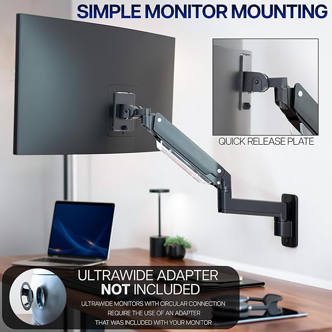 VIVO Premium Aluminum Heavy Duty Monitor Arm for Ultrawide Screens up to 49 inches and 44 lbs, Single Wall Mount, Pneumatic Height, Max VESA 100x100, Black, MOUNT-V101G1