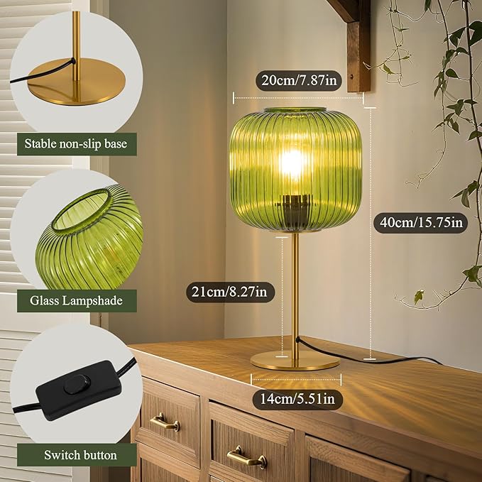 Vintage Glass Table Lamps, Small Green Bedside Table Lamp with Plug-in Style, Mid Century Modern Globe Nightstand Lamp for Bedroom, Gold Desk lamp for Bedroom Living Room Office
