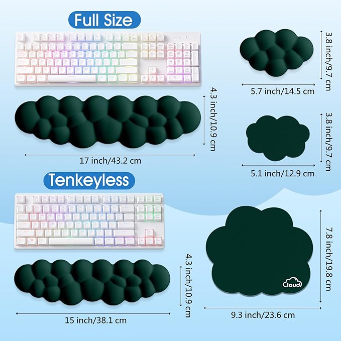 Cloud Wrist Rest Keyboard Cushion, 4-in-1 Ergonomic Cloud Keyboard Wrist Rest and Mouse Pad Set with Memory Foam Arm Support for Palm, Cute Desk Accessory for PC Gaming Setup, Dark Green