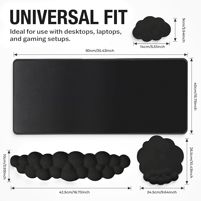 Premium Quality Cloud Wrist Rest Keyboard & Mouse Pad Set – Ergonomic Memory Foam Desk Accessories with Wrist Support for Office & Gaming – Black Fabric