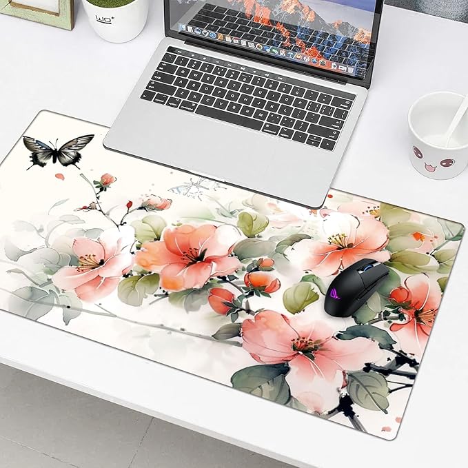 Flower and Butterfly Desk Protector, Stitched Edges Mouse Mat, Large Office Mat, Non-Slip Blotter, Laptop Pad, Writing Pad for Office and Home (31.5" x 15.7")
