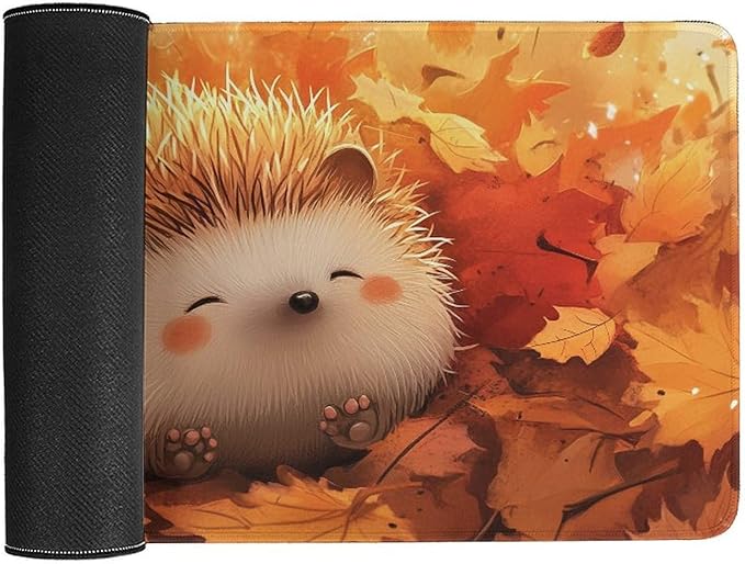 Large Ergonomic Gaming Mouse Pad Cozy Hedgehog in Autumn Leaves - Cute Forest Animal Theme with Non-Slip Base Water-Resistant Surface and Stitched Edges 30x60cm