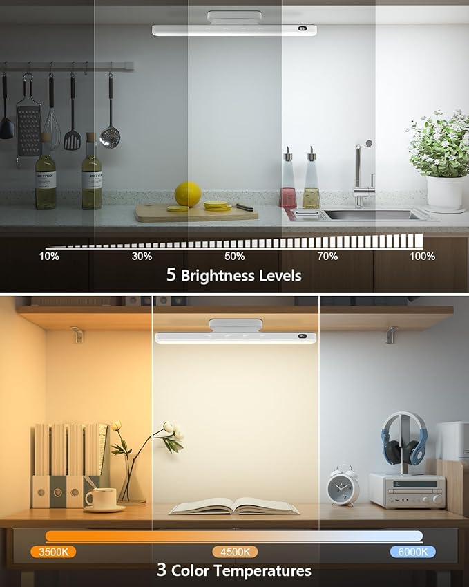 WILLED 3W Magnetic Light Bar, Eye-Friendly Makeup Lighting, 2000mah Vanity Lights for Mirror with Battery Display, Button Control Rechargeable Light Bar for Cabinet, Closet, Bathroom and Desk