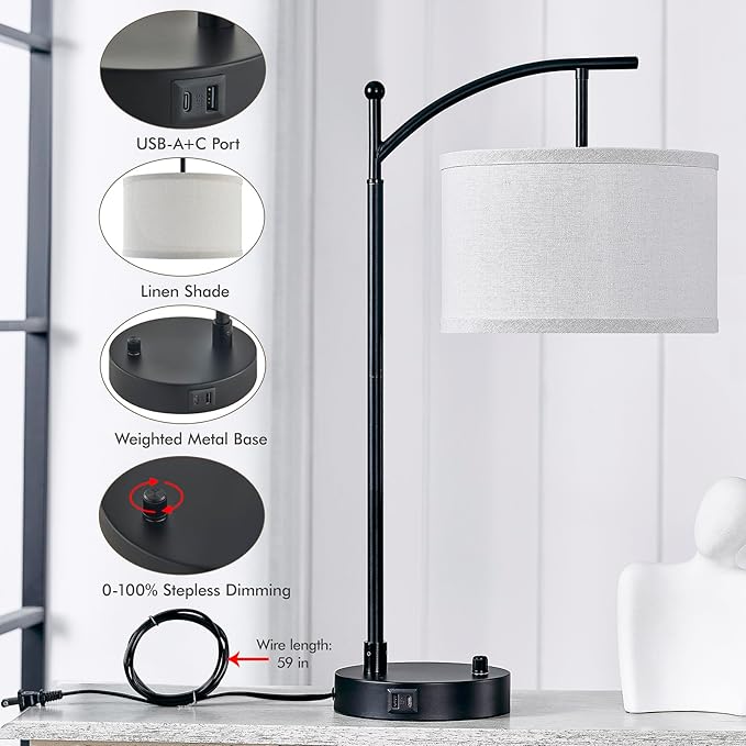 Table Lamp for Living Room Bedroom, 23.5" Table Lamps Set of 2 with USB C+A Ports, Bedside Lamps for Nightstand with Linen Lamp Shades, 2 Dimmable LED Bulbs Included, Black