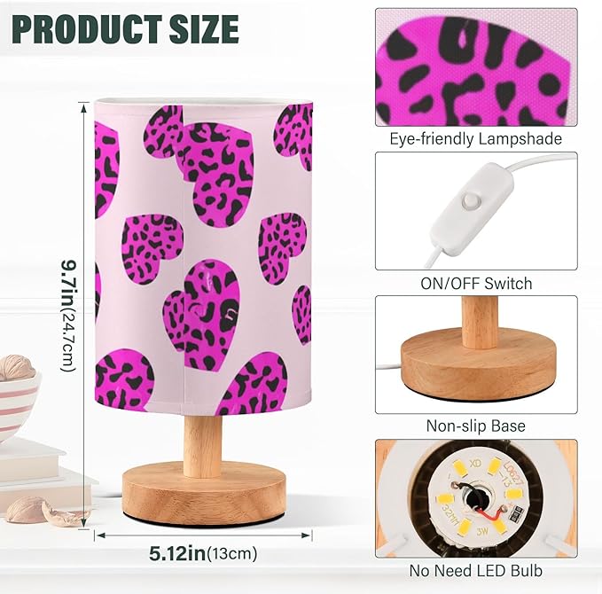Purple Leopard Heart LED Table Lamp, Bedside Lamp with Linen Lampshade, Flicker-Free Eye Care USB Plug in Nightstand Lamp, for Bedroom and Office