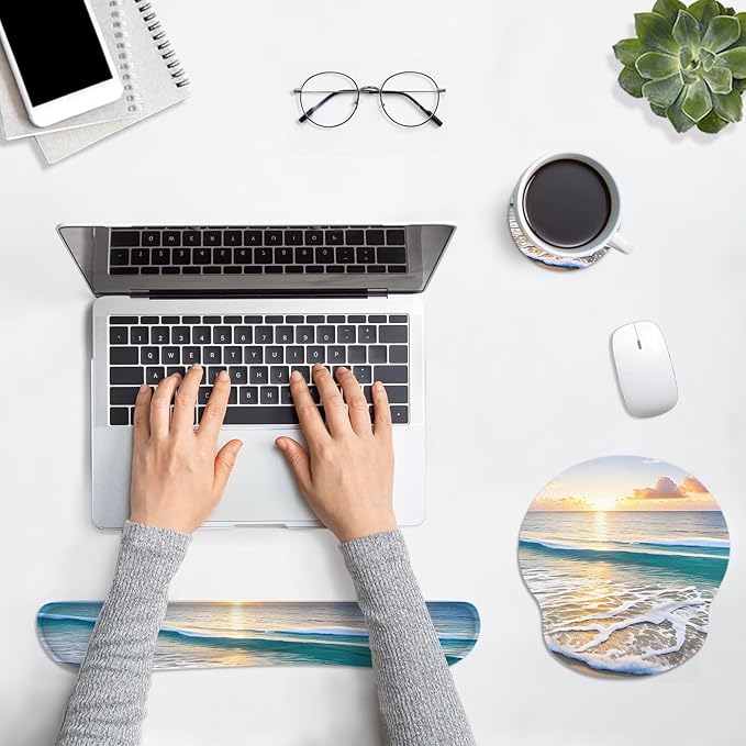 Britimes Summer Beach Sun Ergonomic Mouse Pad Set with Wrist Rest Non-Slip Rubber Base Wrist Cushion Support and Coasters Mousepad with Wrist Support for Computer Keyboard and Desk